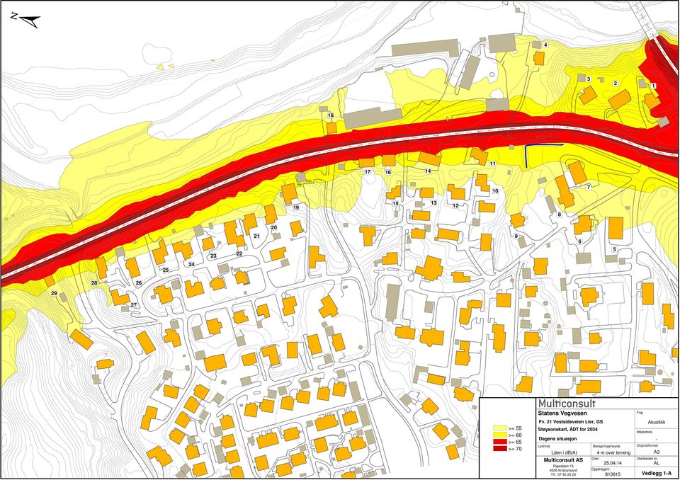 21 Vestsideveien Lier, GS Støysonekart, ÅDT for 2034 Dagens situasjon Lydnivå Lden i db(a) Multiconsult