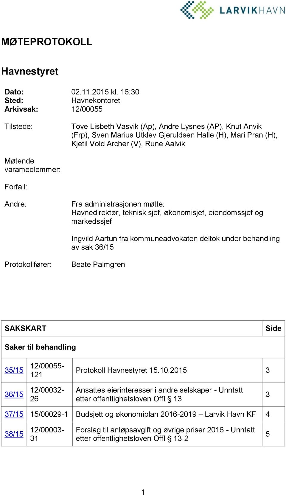 Rune Aalvik Møtende varamedlemmer: Forfall: Andre: Fra administrasjonen møtte: Havnedirektør, teknisk sjef, økonomisjef, eiendomssjef og markedssjef Ingvild Aartun fra kommuneadvokaten deltok under