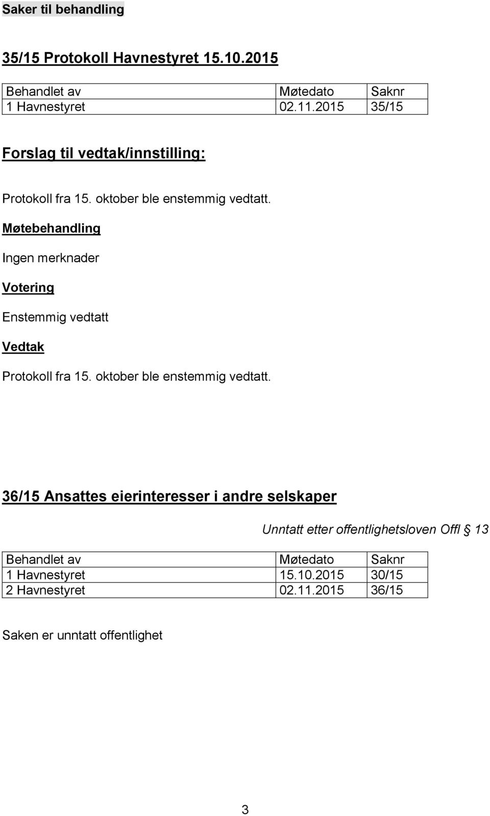 Protokoll fra 15. oktober ble enstemmig vedtatt.