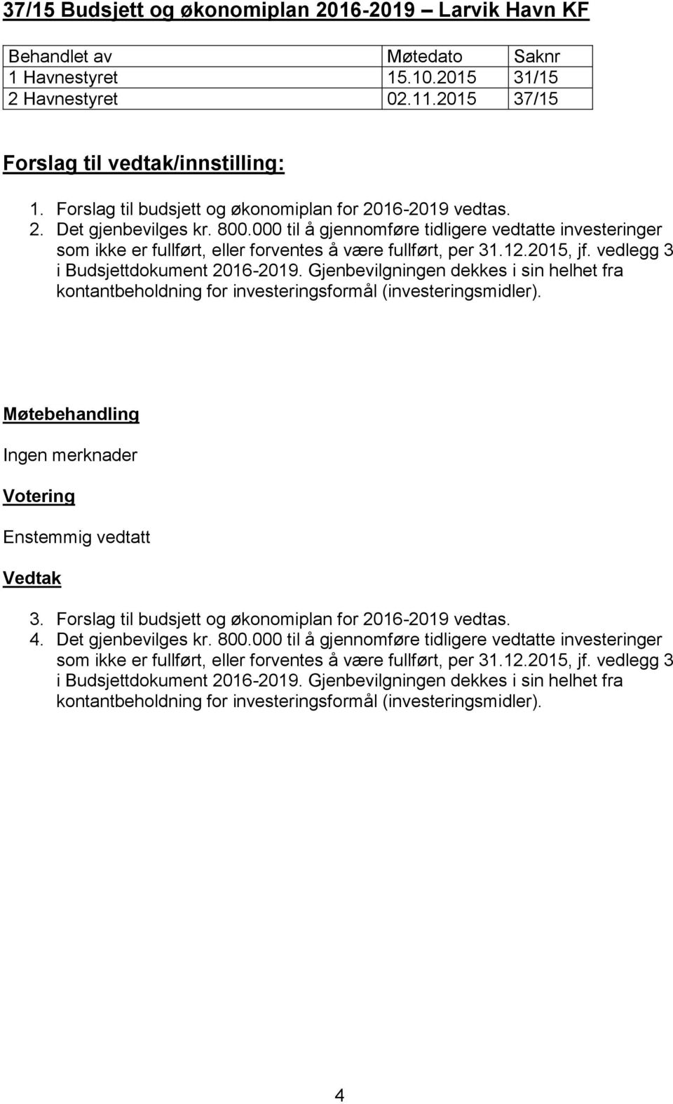 000 til å gjennomføre tidligere vedtatte investeringer som ikke er fullført, eller forventes å være fullført, per 31.12.2015, jf. vedlegg 3 i Budsjettdokument 2016-2019.