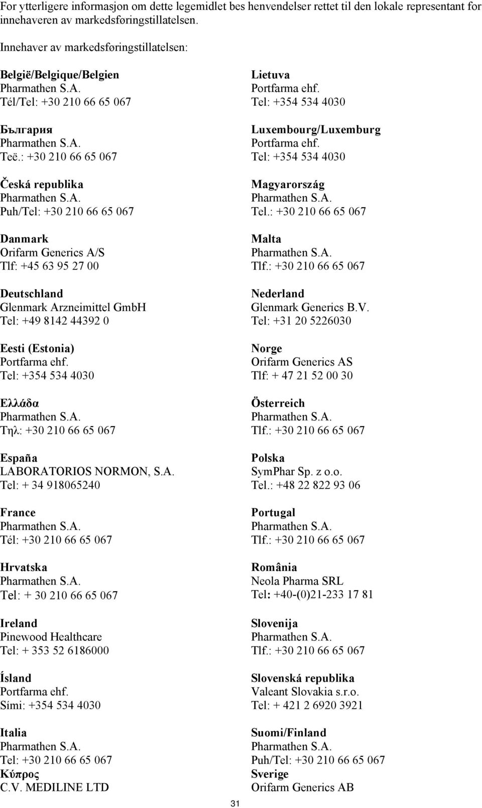 : +30 210 66 65 067 Česká republika Puh/Tel: +30 210 66 65 067 Danmark Orifarm Generics A/S Tlf: +45 63 95 27 00 Deutschland Glenmark Arzneimittel GmbH Tel: +49 8142 44392 0 Eesti (Estonia) Ελλάδα