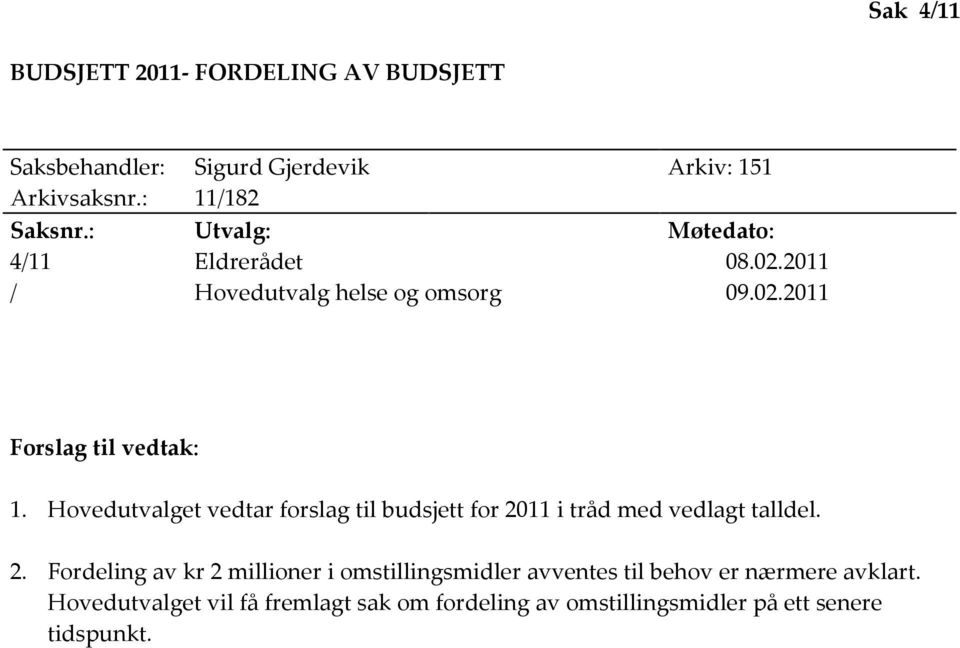 Hovedutvalget vedtar forslag til budsjett for 20