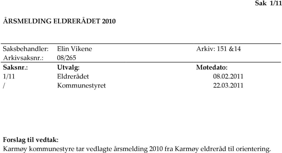 : Utvalg: Møtedato: 1/11 Eldrerådet 08.02.2011 / Kommunestyret 22.03.