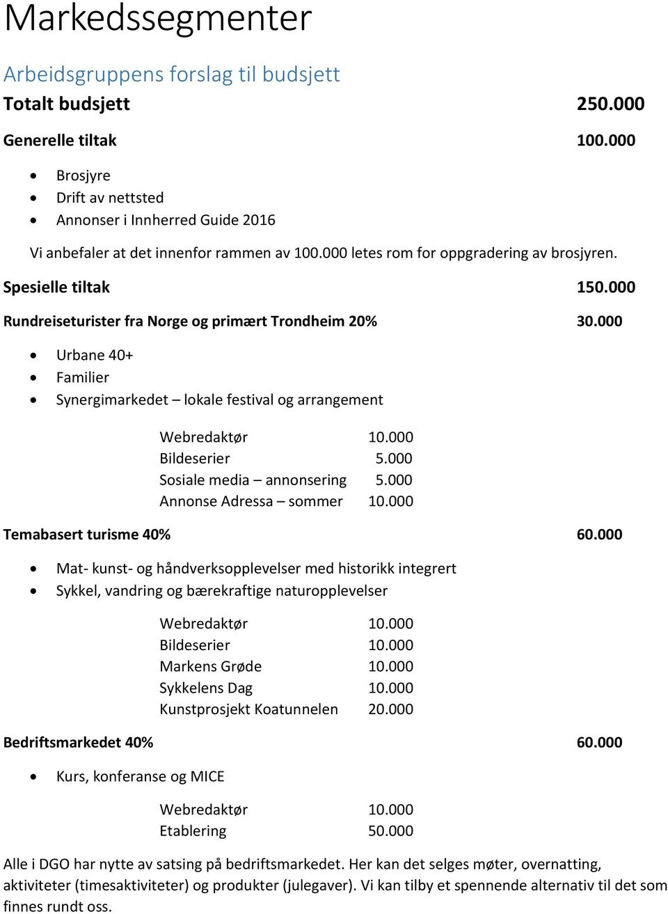 000 Rundreiseturister fra Norge og primært Trondheim 20% 30.000 Urbane 40+ Familier Synergimarkedet lokale festival og arrangement Webredaktør 10.000 Bildeserier 5.000 Sosiale media annonsering 5.