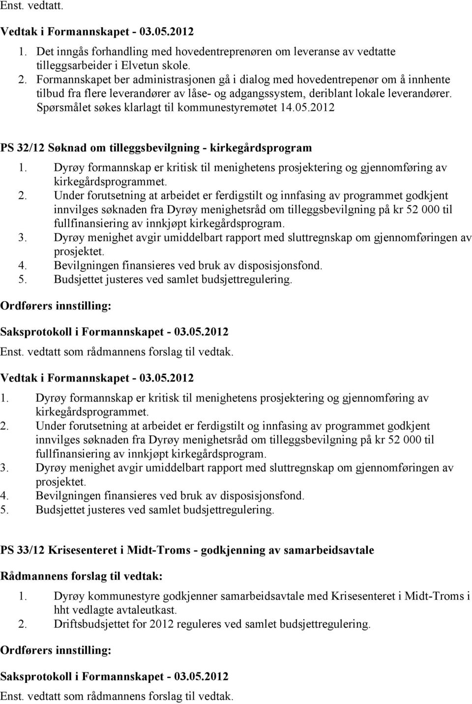 Spørsmålet søkes klarlagt til kommunestyremøtet 14.05.2012 PS 32/12 Søknad om tilleggsbevilgning - kirkegårdsprogram 1.