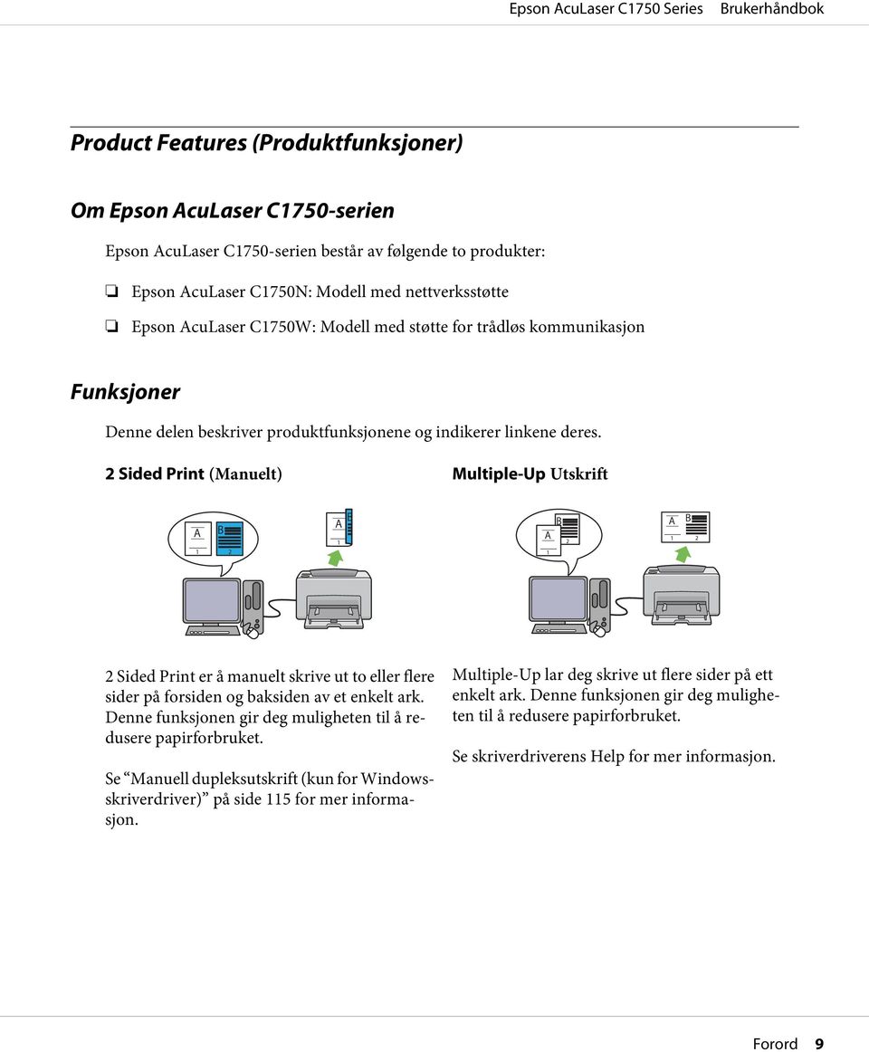 2 Sided Print (Manuelt) Multiple-Up Utskrift 2 Sided Print er å manuelt skrive ut to eller flere sider på forsiden og baksiden av et enkelt ark.