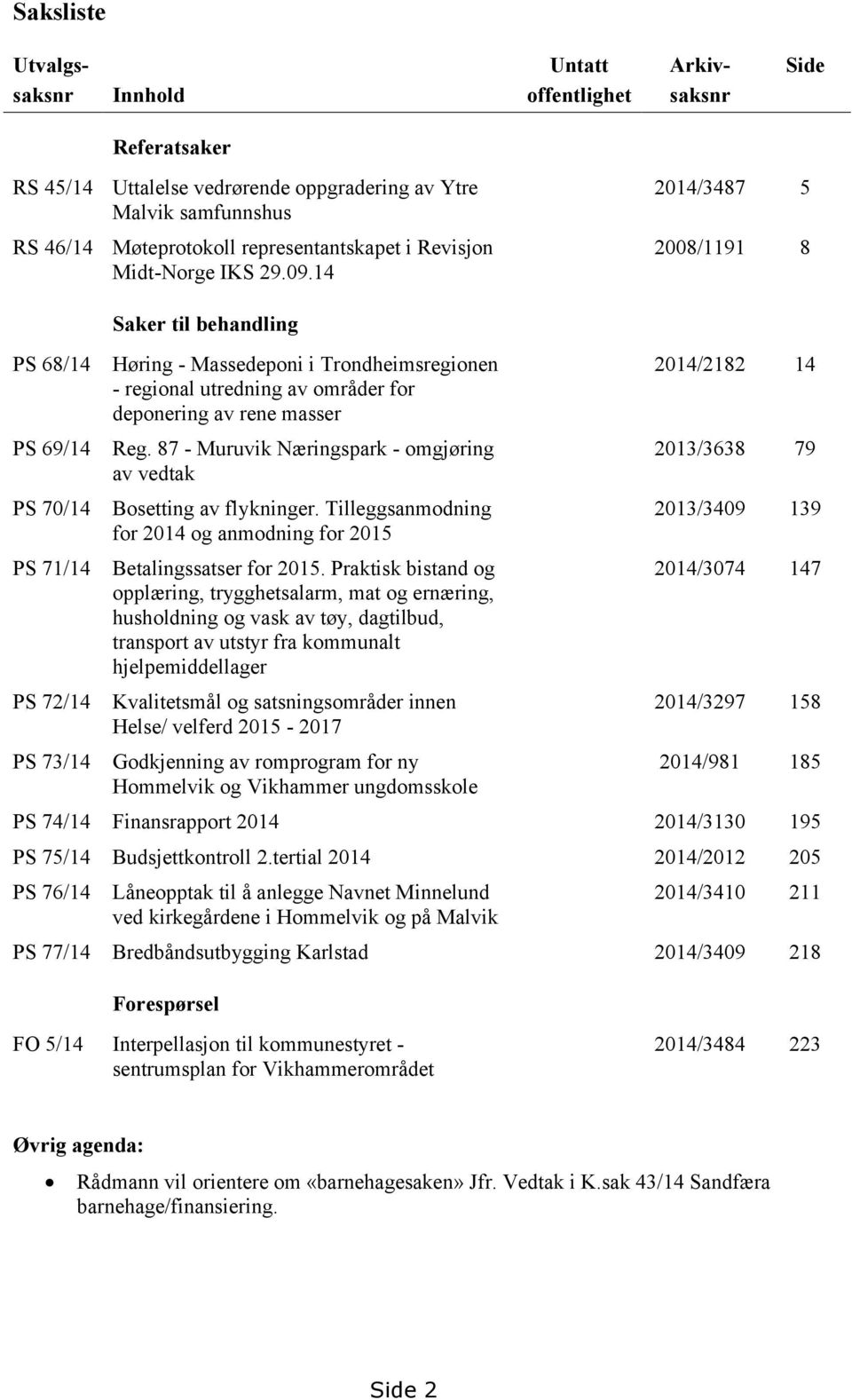 14 Saker til behandling 2014/3487 5 2008/1191 8 PS 68/14 PS 69/14 PS 70/14 PS 71/14 PS 72/14 PS 73/14 Høring - Massedeponi i Trondheimsregionen - regional utredning av områder for deponering av rene