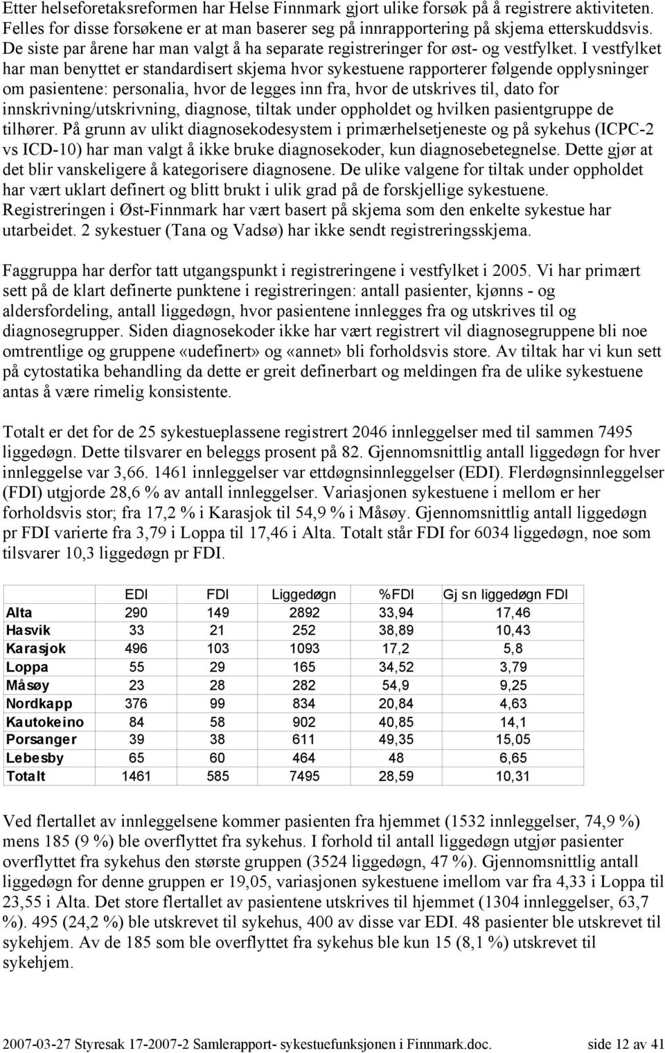 I vestfylket har man benyttet er standardisert skjema hvor sykestuene rapporterer følgende opplysninger om pasientene: personalia, hvor de legges inn fra, hvor de utskrives til, dato for