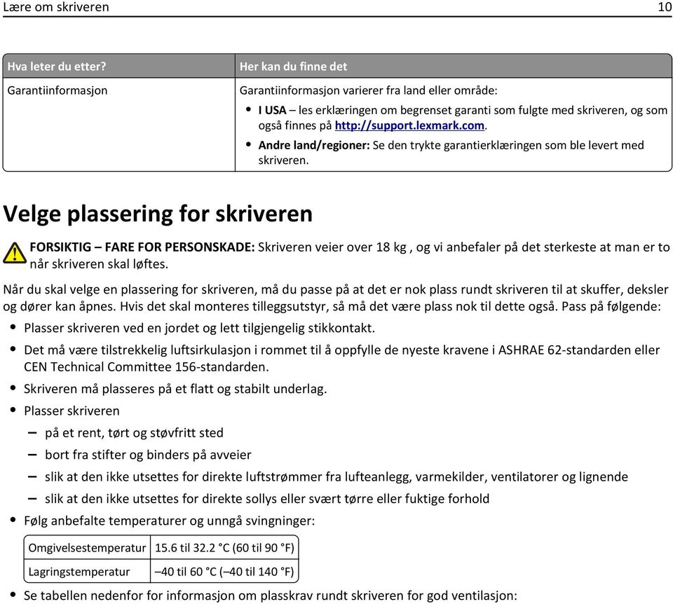 lexmark.com. Andre land/regioner: Se den trykte garantierklæringen som ble levert med skriveren.