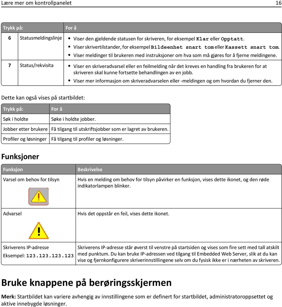 7 Status/rekvisita Viser en skriveradvarsel eller en feilmelding når det kreves en handling fra brukeren for at skriveren skal kunne fortsette behandlingen av en jobb.