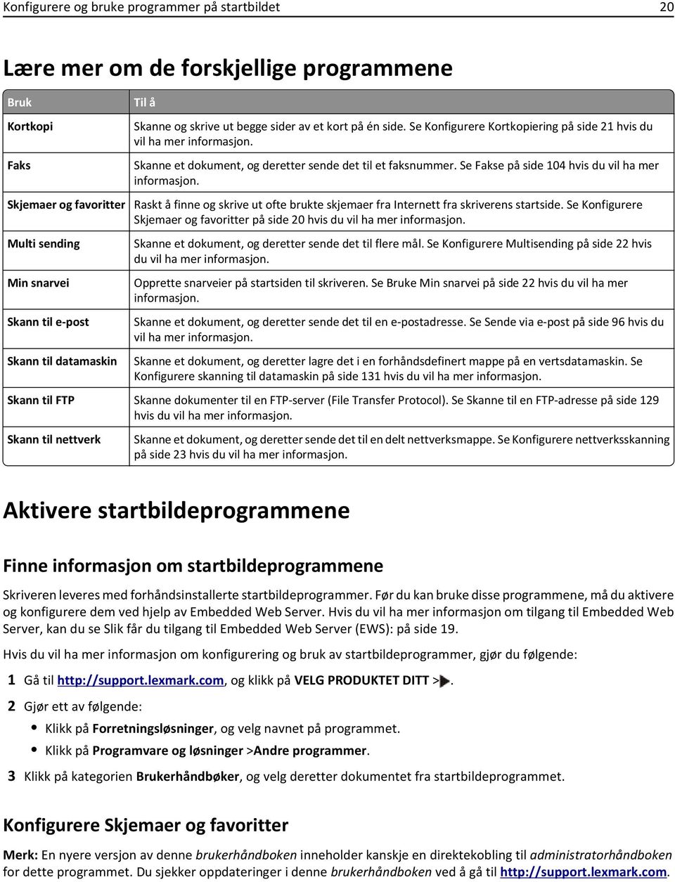 Skjemaer og favoritter Raskt å finne og skrive ut ofte brukte skjemaer fra Internett fra skriverens startside. Se Konfigurere Skjemaer og favoritter på side 20 hvis du vil ha mer informasjon.