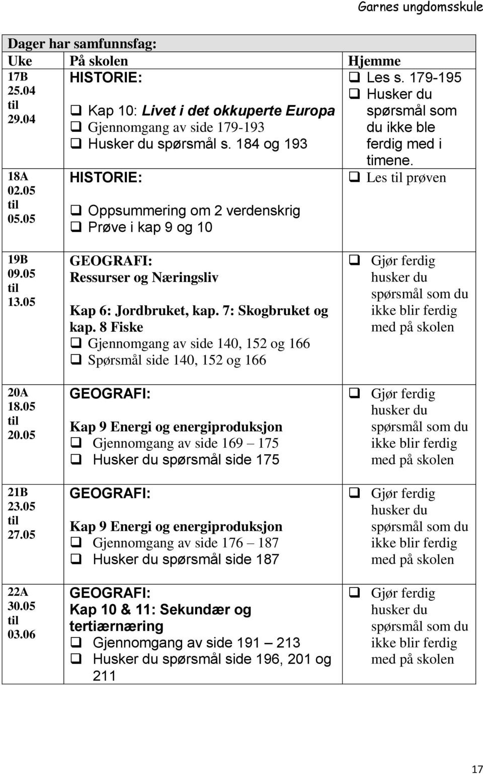 05 21B 23.05 til 27.05 22A 30.05 til 03.06 GEOGRAFI: Ressurser og Næringsliv Kap 6: Jordbruket, kap. 7: Skogbruket og kap.