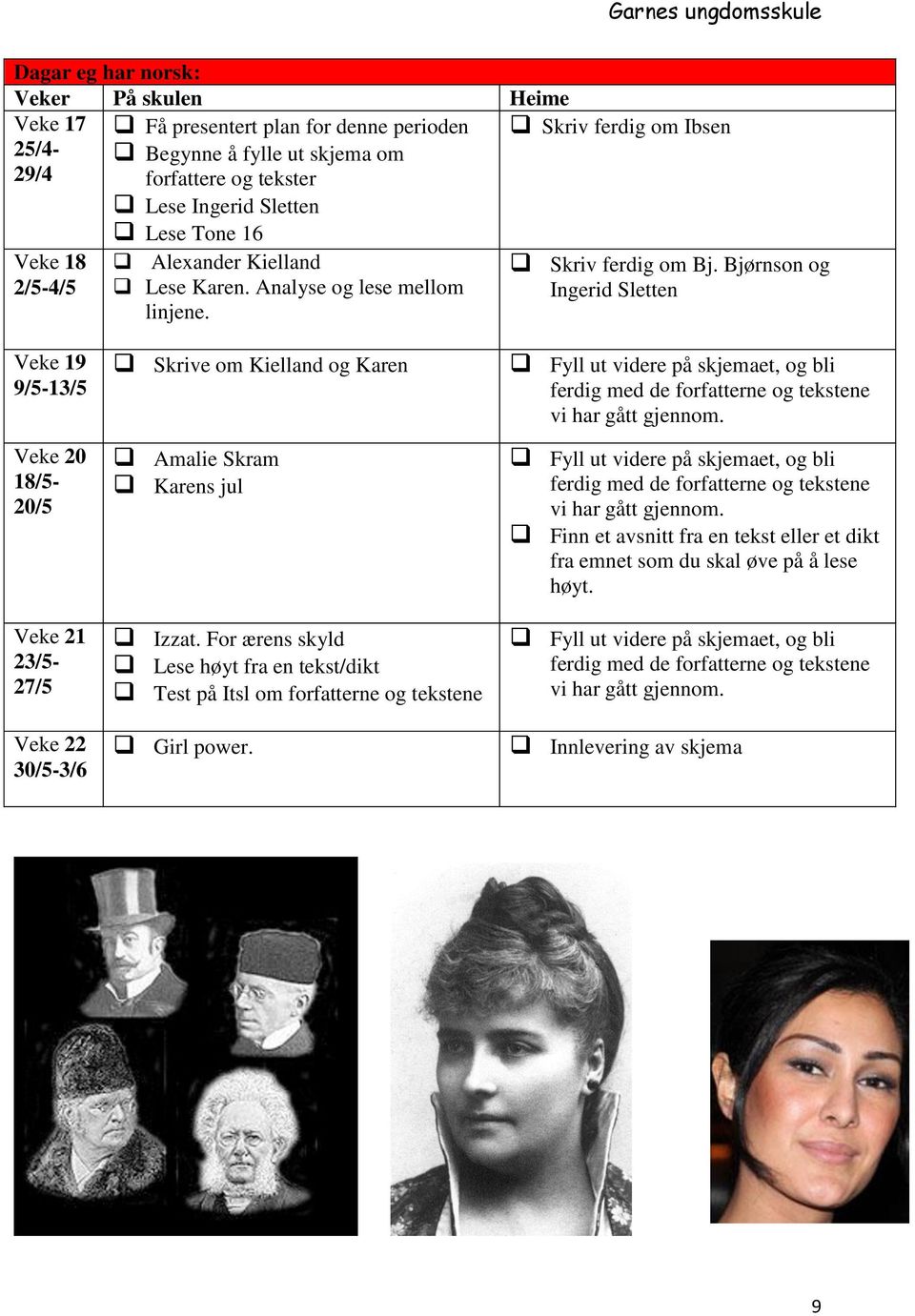 Bjørnson og Ingerid Sletten Veke 19 9/5-13/5 Veke 20 18/5-20/5 Veke 21 23/5-27/5 Veke 22 30/5-3/6 Skrive om Kielland og Karen Amalie Skram Karens jul Izzat.