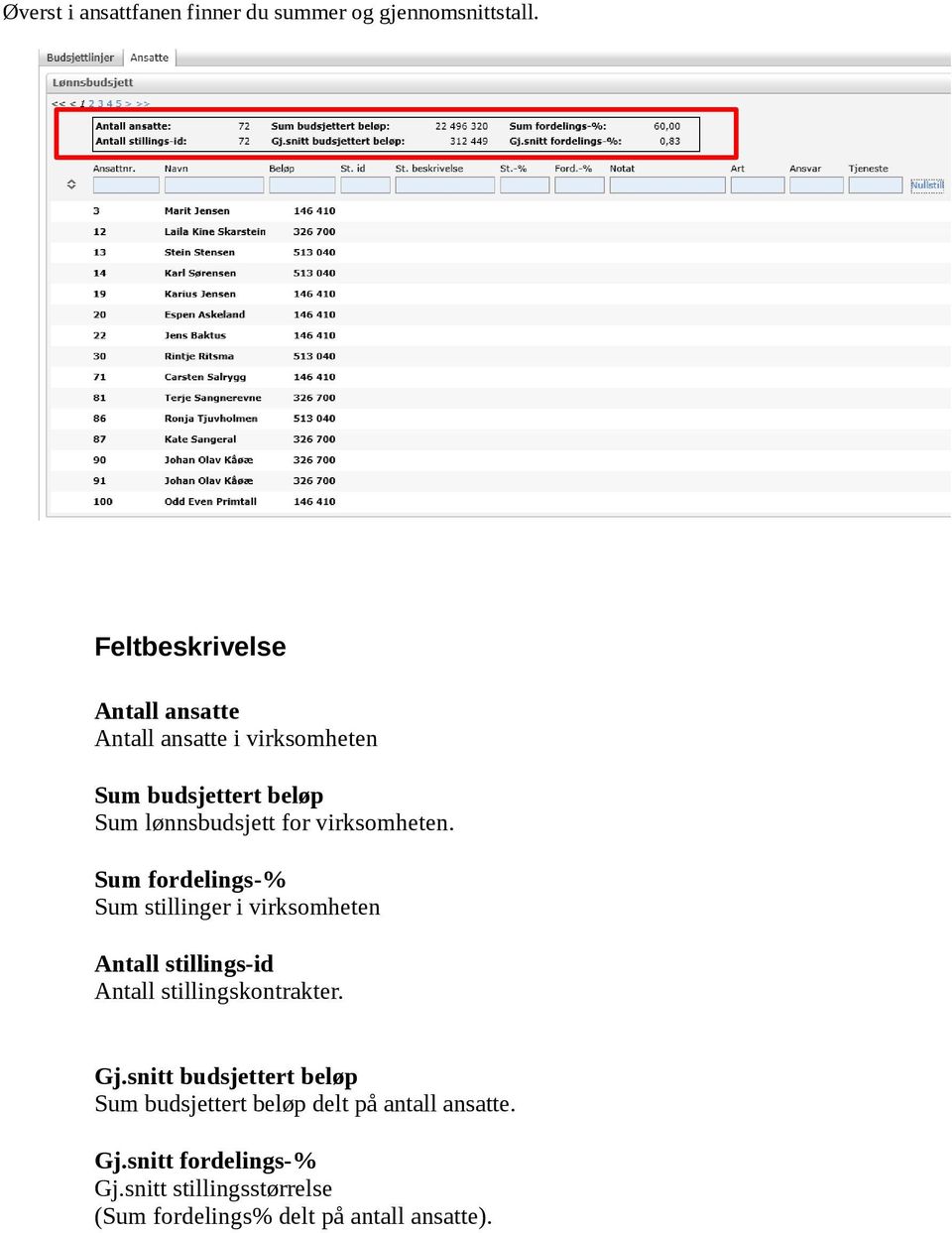 virksomheten. Sum fordelings-% Sum stillinger i virksomheten Antall stillings-id Antall stillingskontrakter.