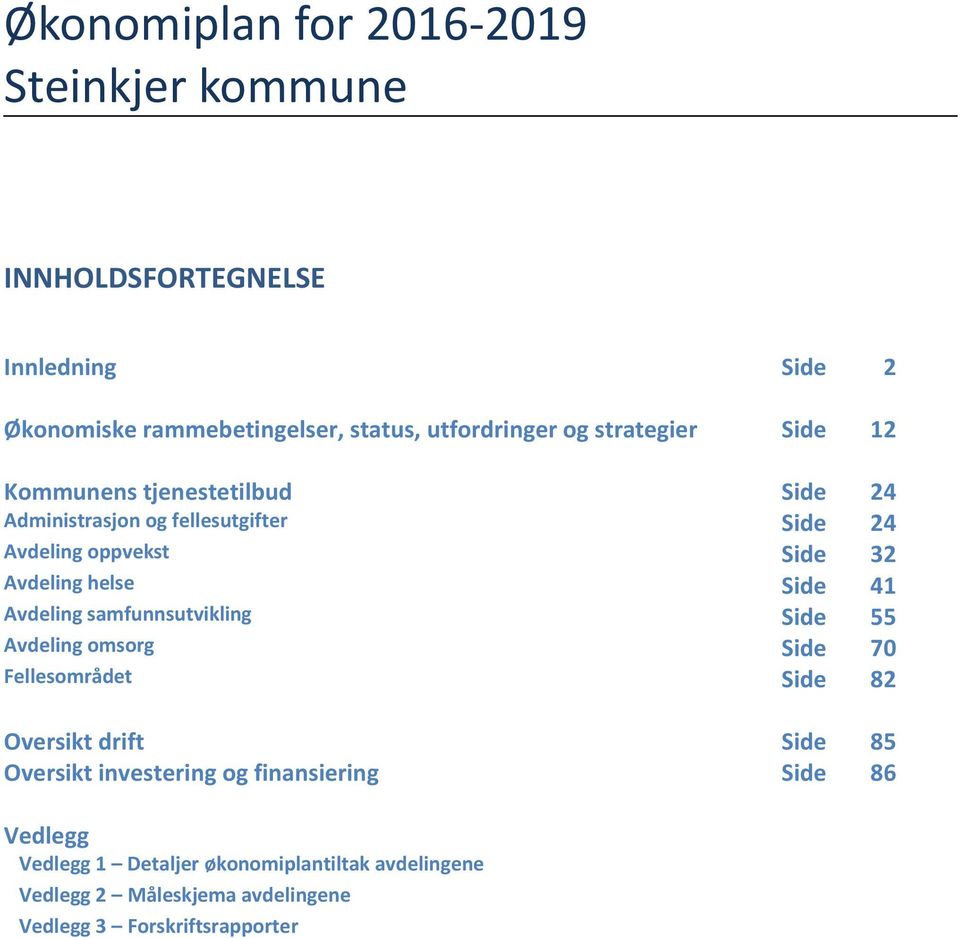 Avdeling samfunnsutvikling Side 55 Avdeling omsorg Side 70 Fellesområdet Side 82 Oversikt drift Side 85 Oversikt investering og