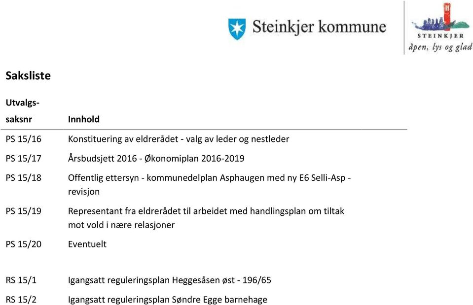 revisjon PS 15/19 PS 15/20 Representant fra eldrerådet til arbeidet med handlingsplan om tiltak mot vold i nære