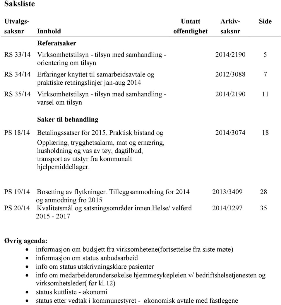 Betalingssatser for 2015. Praktisk bistand og Opplæring, trygghetsalarm, mat og ernæring, husholdning og vas av tøy, dagtilbud, transport av utstyr fra kommunalt hjelpemiddellager.