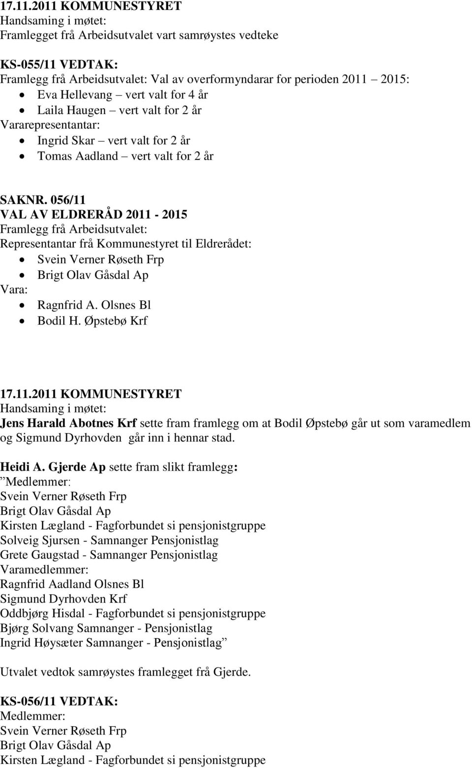 Laila Haugen vert valt for 2 år Vararepresentantar: Ingrid Skar vert valt for 2 år Tomas Aadland vert valt for 2 år SAKNR.