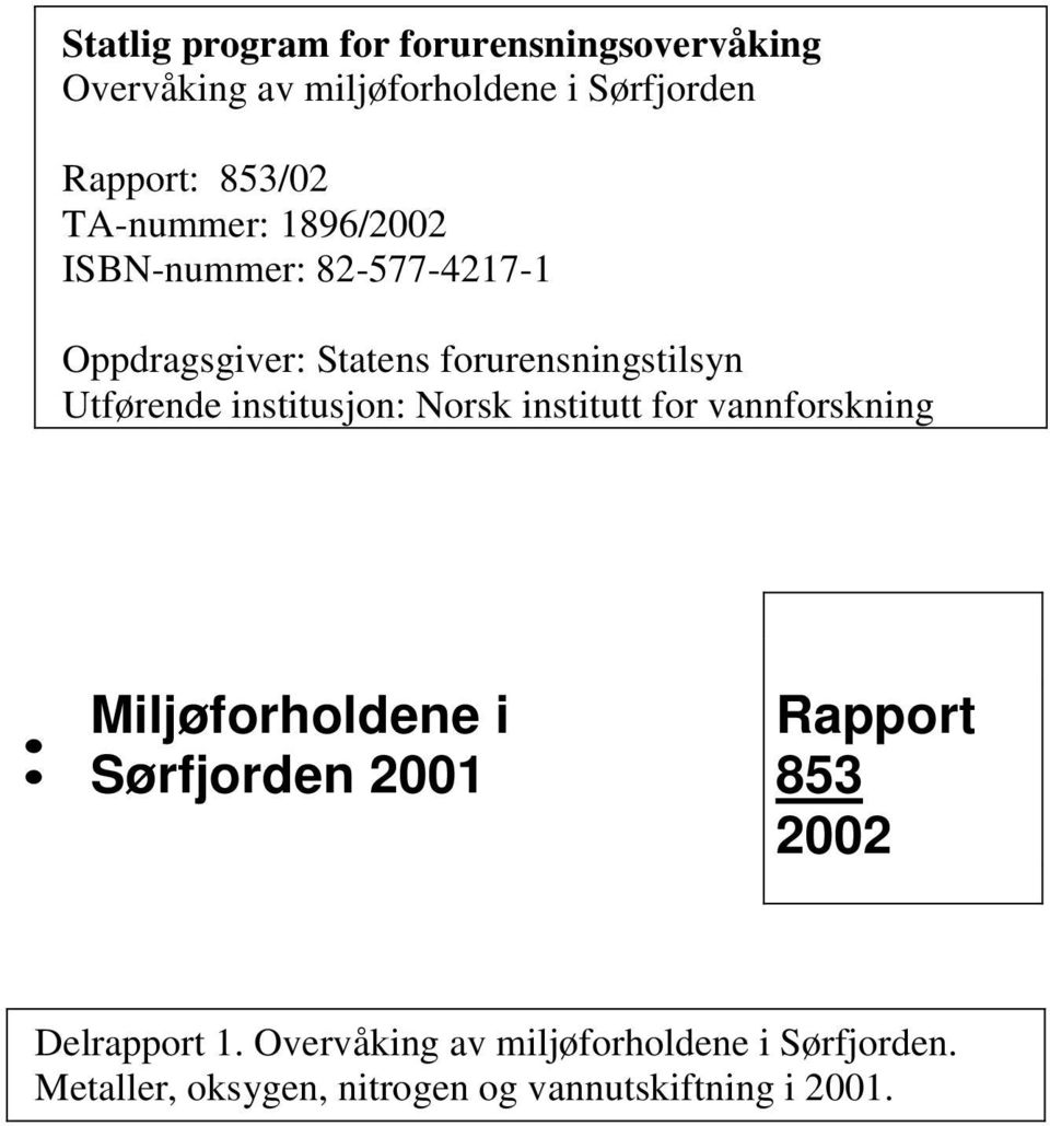 institusjon: Norsk institutt for vannforskning : Miljøforholdene i Sørfjorden 2001 Rapport 853 2002