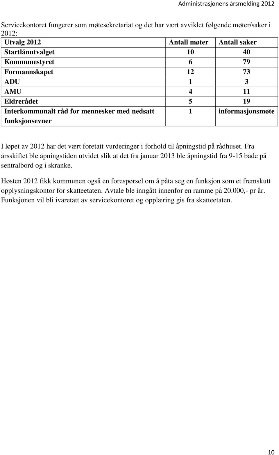 rådhuset. Fra årsskiftet ble åpningstiden utvidet slik at det fra januar 2013 ble åpningstid fra 9-15 både på sentralbord og i skranke.