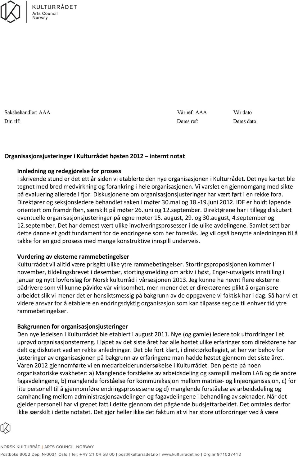 organisasjonen i Kulturrådet. Det nye kartet ble tegnet med bred medvirkning og forankring i hele organisasjonen. Vi varslet en gjennomgang med sikte på evaluering allerede i fjor.