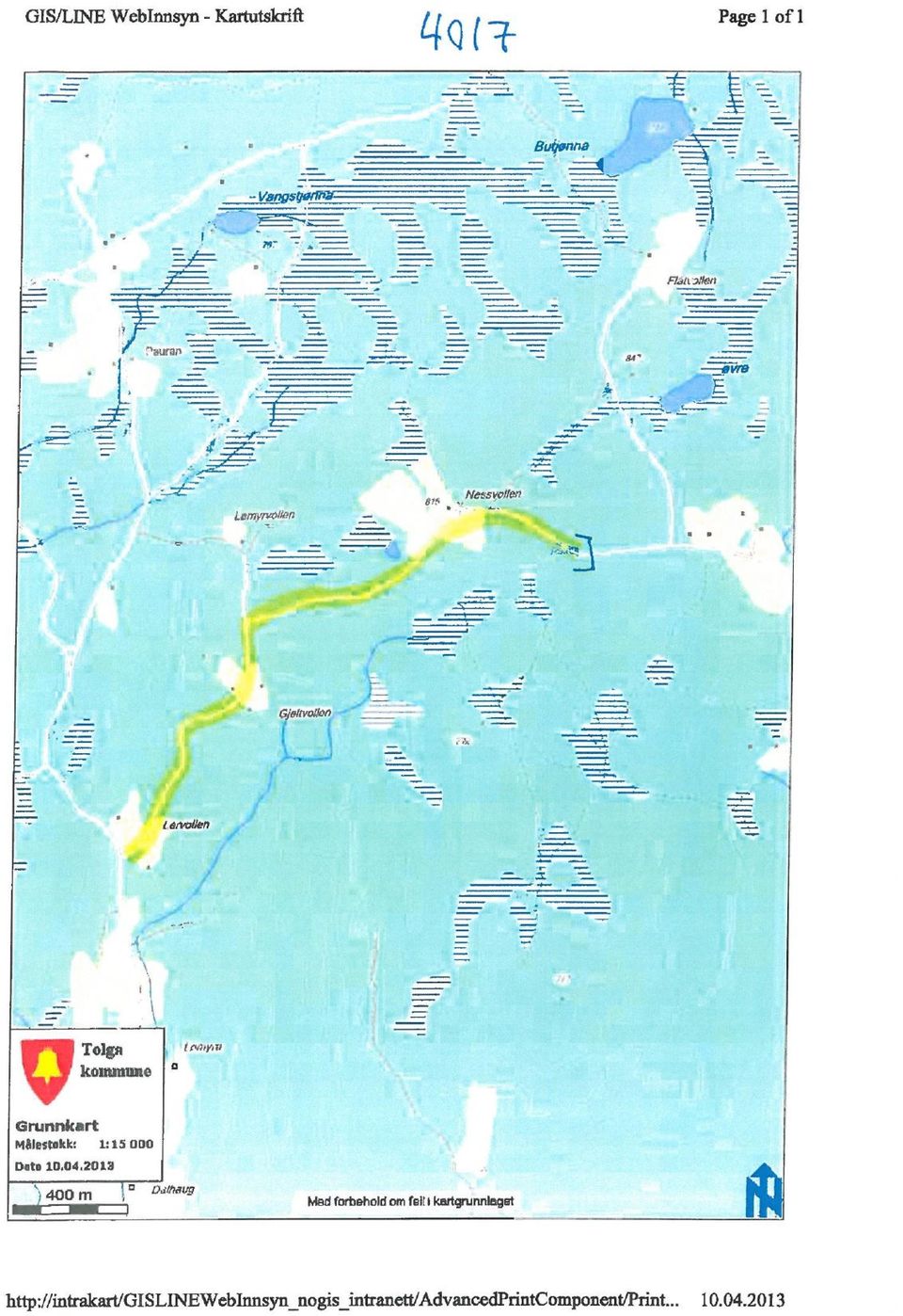 Tolga koaanuae Målestakk:1:15 000 Dato 10.04.2019 ei.