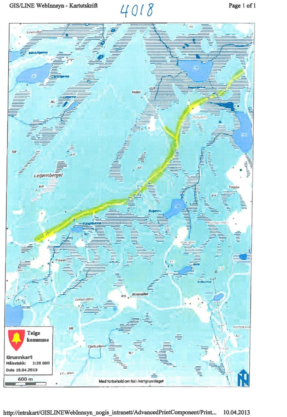 A..7. LemyfisAin, pinsaagon - % Tolga kotnntune Målestokk: 1:20 000 Dete 10.04.2013 600 m 7.19 oten GfriltOffe~ t 7.