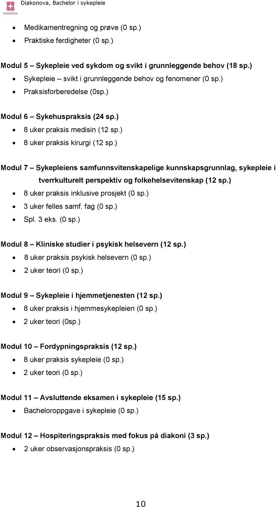 ) Modul 7 Sykepleiens samfunnsvitenskapelige kunnskapsgrunnlag, sykepleie i tverrkulturelt perspektiv og folkehelsevitenskap (12 sp.) 8 uker praksis inklusive prosjekt (0 sp.) 3 uker felles samf.