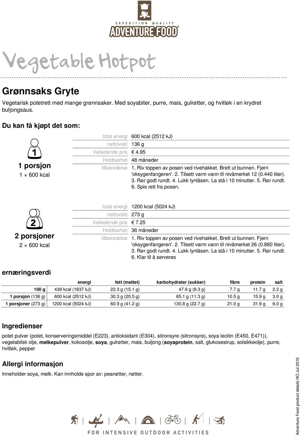 880 liter). 3. Rør godt rundt. 4. Lukk lynlåsen. La stå i 10 minutter. 5. Rør rundt. 6. 100 g 439 kcal (1837 kj) 22.3 g (15.1 g) 47.9 g (8.3 g) 7.7 g 11.7 g 2.2 g (136 g) 30.3 g (20.5 g) 65.1 g (11.