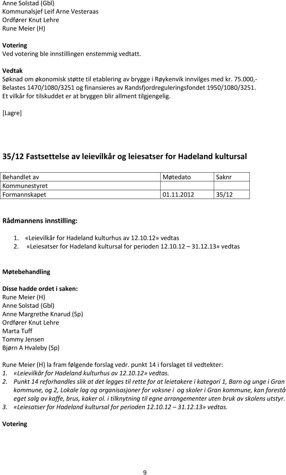 35/12 Fastsettelse av leievilkår og leiesatser for Hadeland kultursal Formannskapet 01.11.2012 35/12 1. «Leievilkår for Hadeland kulturhus av 12.10.12» vedtas 2.
