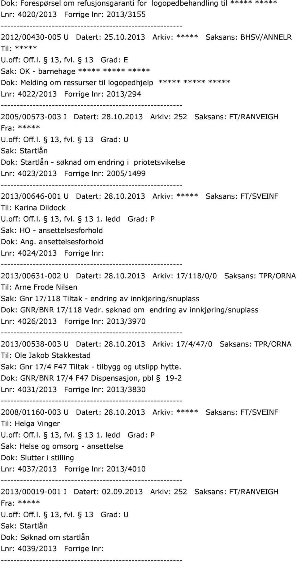 28.10.2013 Arkiv: 252 Saksans: FT/RANVEIGH Sak: Startlån Dok: Startlån - søknad om endring i priotetsvikelse Lnr: 4023/2013 Forrige lnr: 2005/1499 2013/00646-001 U Datert: 28.10.2013 Arkiv: ***** Saksans: FT/SVEINF Til: Karina Dildock Sak: HO - ansettelsesforhold Dok: Ang.
