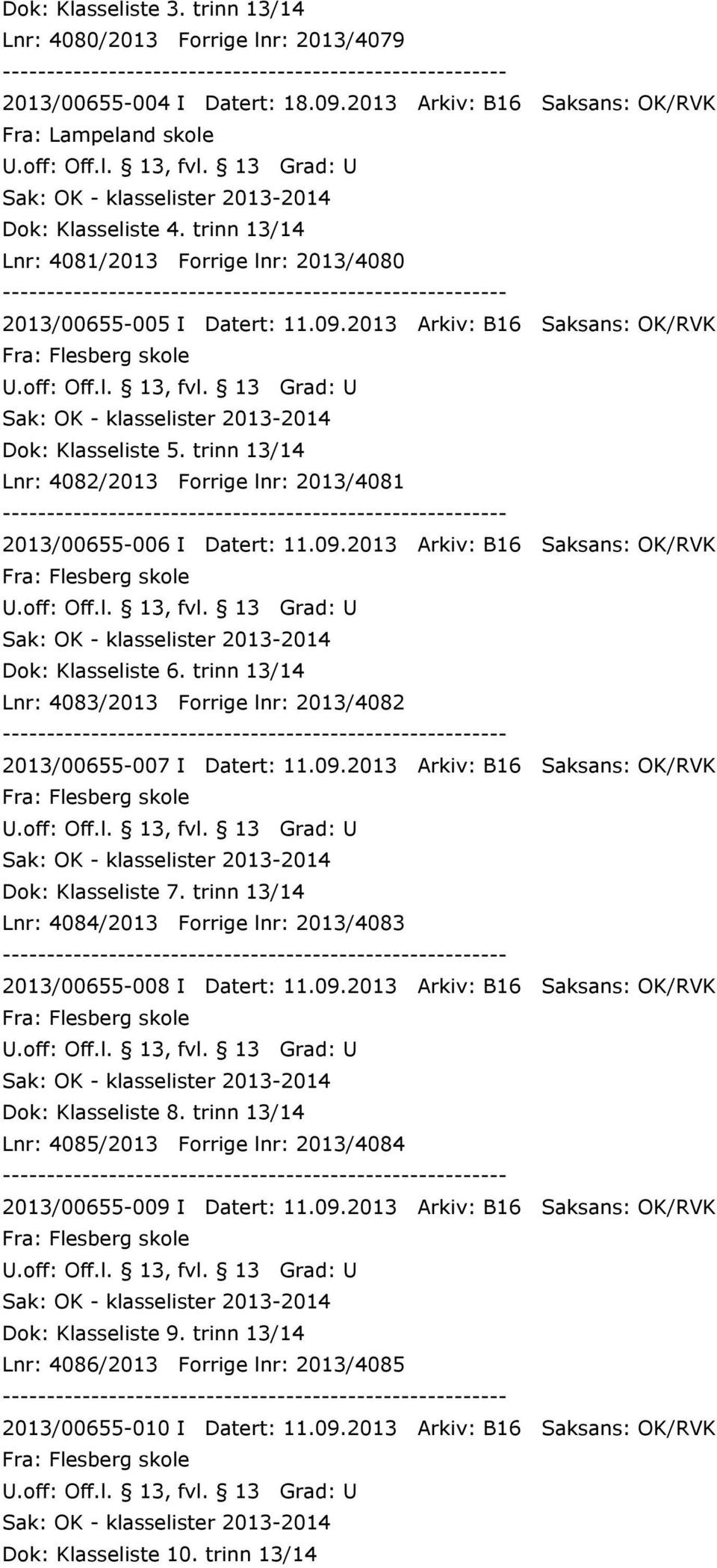 trinn 13/14 Lnr: 4082/2013 Forrige lnr: 2013/4081 2013/00655-006 I Datert: 11.09.2013 Arkiv: B16 Saksans: OK/RVK Fra: Flesberg skole Dok: Klasseliste 6.