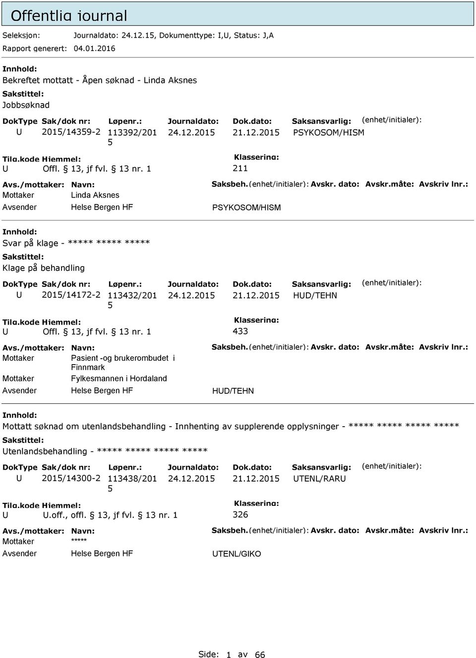 201 SYKOSOM/HSM Mottaker Linda Aksnes SYKOSOM/HSM Svar på klage - Klage på behandling 201/14172-2 113432/201 21.12.