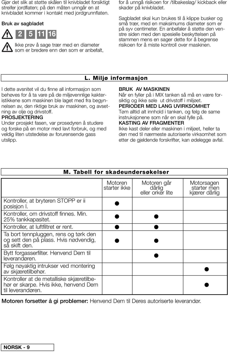 Sagbladet skal kun brukes til å klippe busker og små trær, med en maksimums diameter som er på syv centimeter.