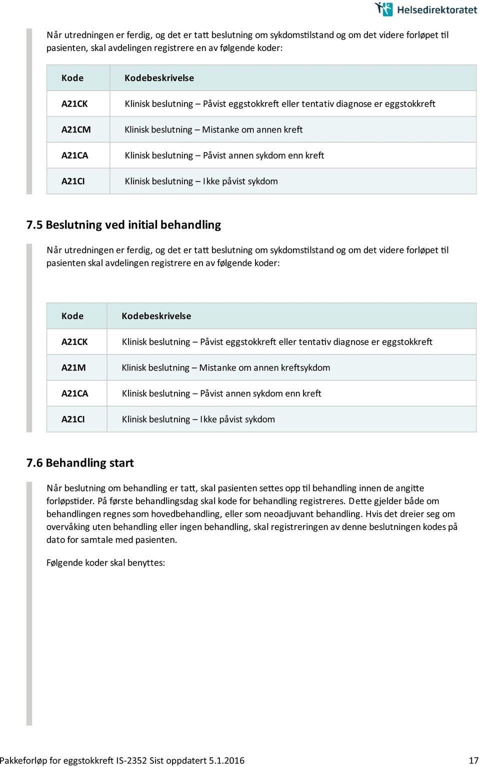 7.5 Beslutning ved initial behandling Na r utredningen er ferdig, og det er ta beslutning om sykdoms lstand og om det videre forløpet l pasienten skal avdelingen registrere en av følgende koder: