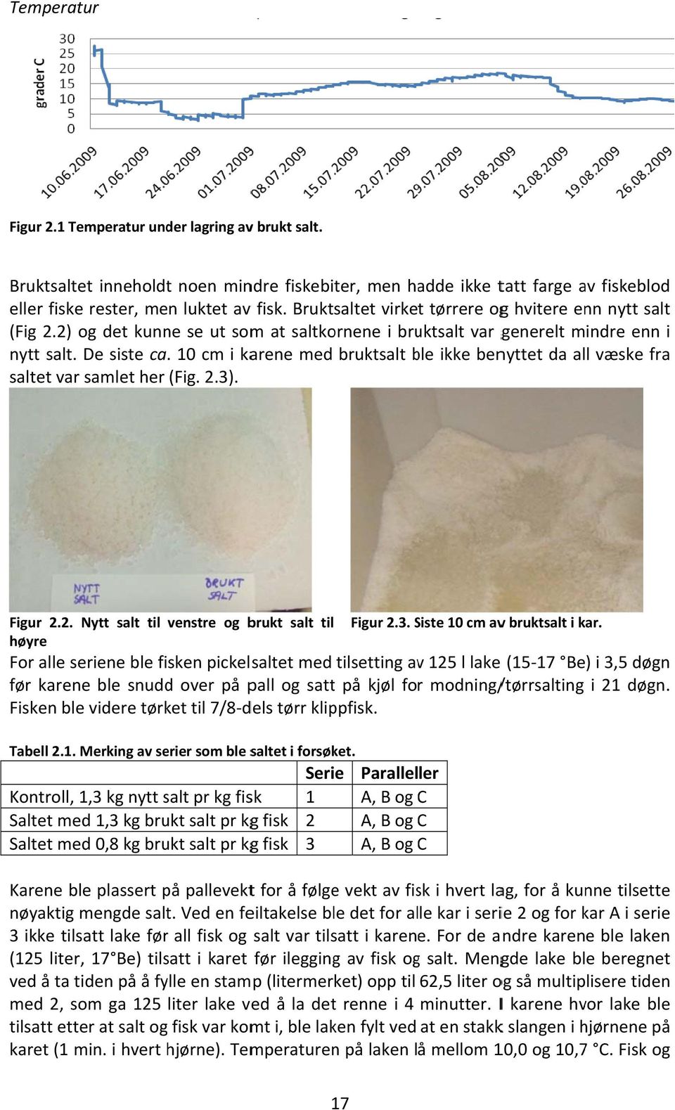 10 cm i karene med bruktsalt ble b ikke benyttet da all væske fra saltet var samlet her (Fig. 2.3). Figur 2.2. Nytt salt til venstre og brukt salt til Figur 2.3. Siste S 10 cm avv bruktsalt i kar.