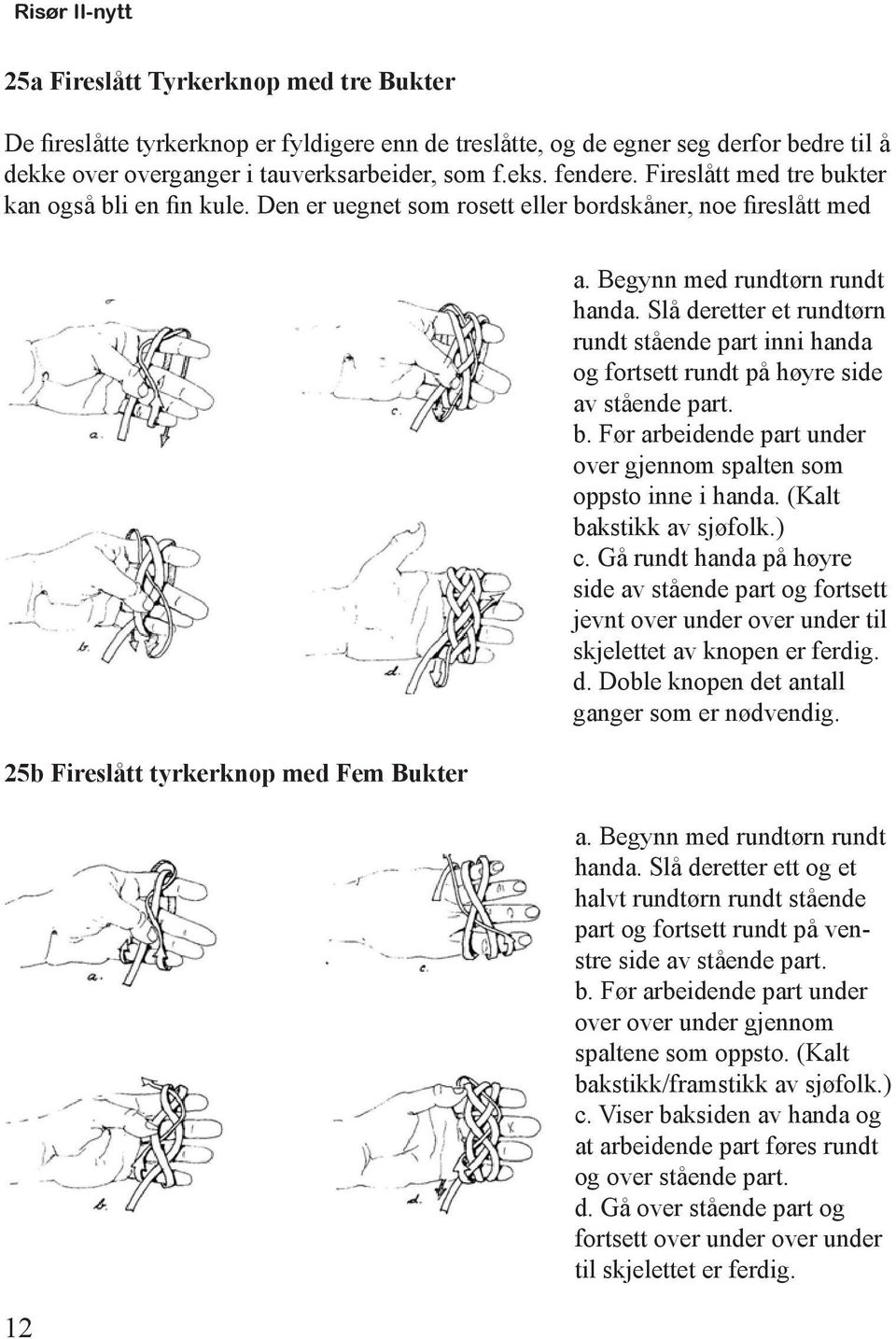 Slå deretter et rundtørn rundt stående part inni handa og fortsett rundt på høyre side av stående part. b. Før arbeidende part under over gjennom spalten som oppsto inne i handa.