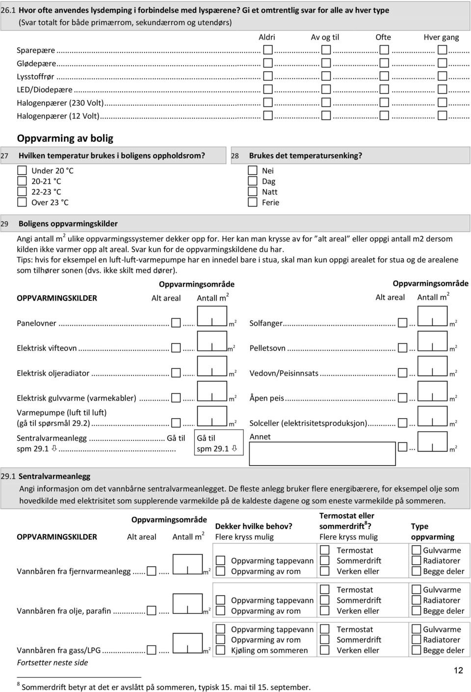 ..... Halogenpærer (230 Volt)..... Halogenpærer (12 Volt)...... Oppvarming av bolig 27 Hvilken temperatur brukes i boligens oppholdsrom? 28 Brukes det temperatursenking?