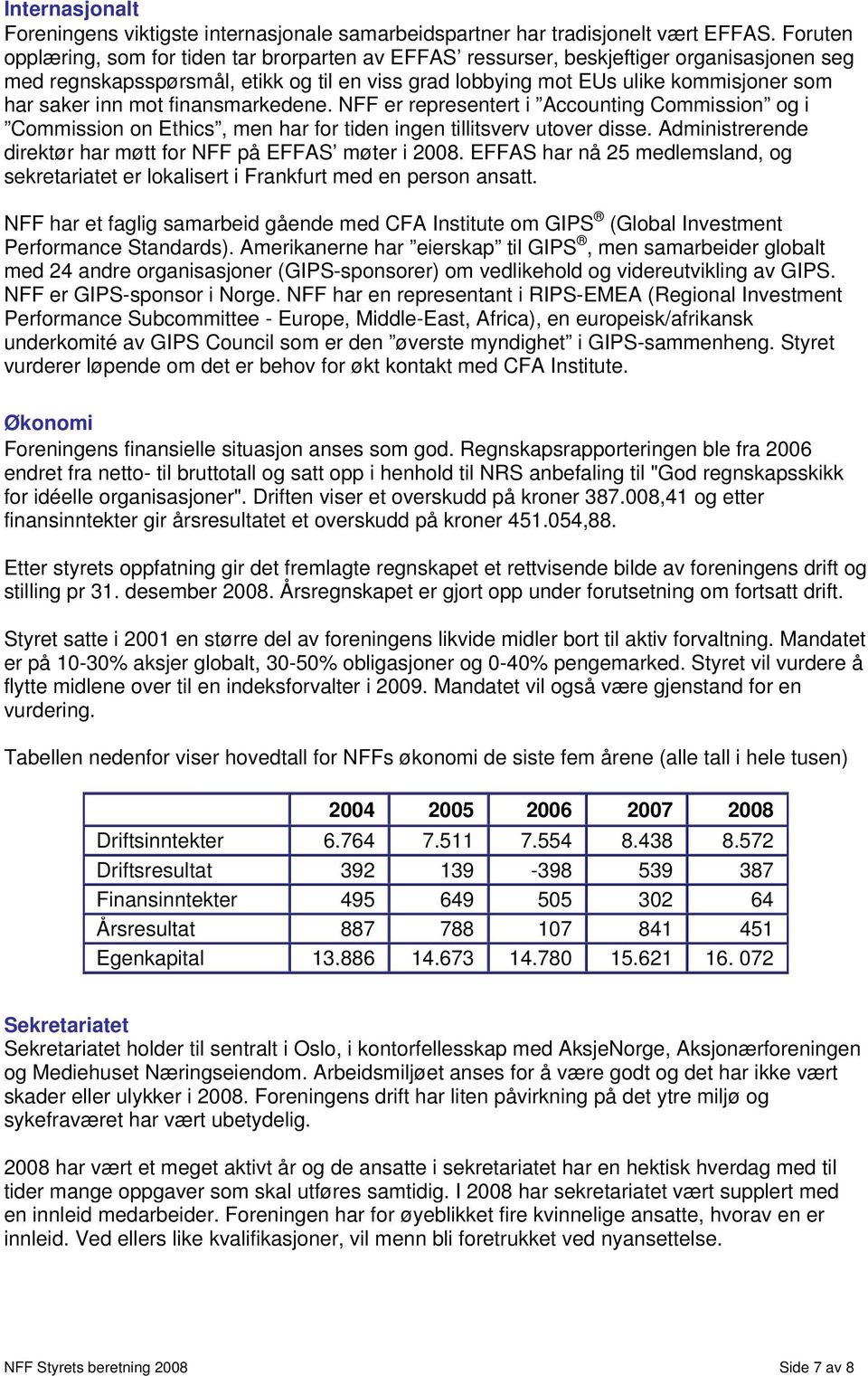 inn mot finansmarkedene. NFF er representert i Accounting Commission og i Commission on Ethics, men har for tiden ingen tillitsverv utover disse.