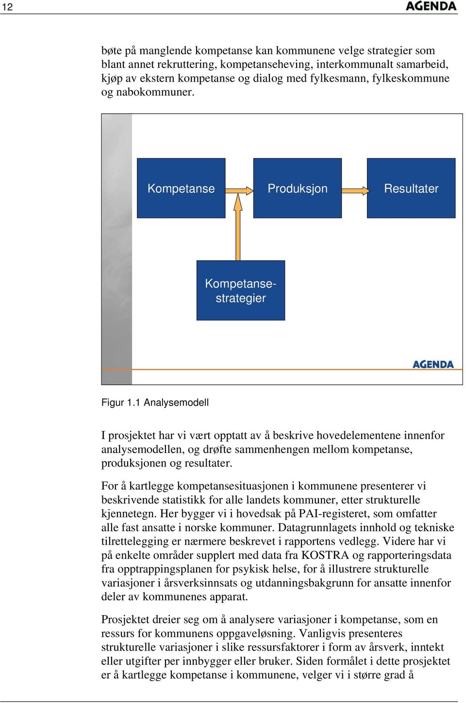 1 Analysemodell I prosjektet har vi vært opptatt av å beskrive hovedelementene innenfor analysemodellen, og drøfte sammenhengen mellom kompetanse, produksjonen og resultater.