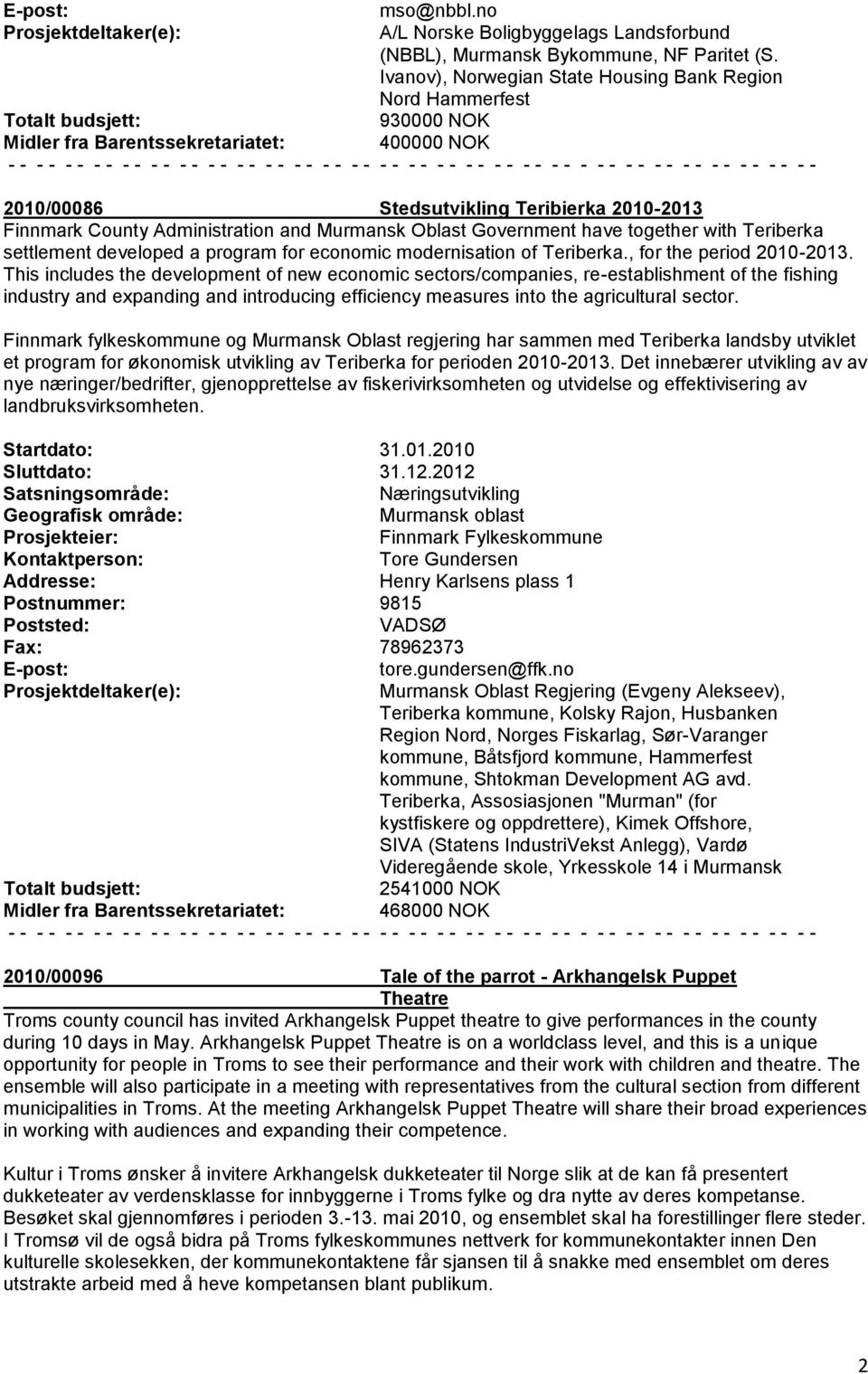 Murmansk Oblast Government have together with Teriberka settlement developed a program for economic modernisation of Teriberka., for the period 2010-2013.