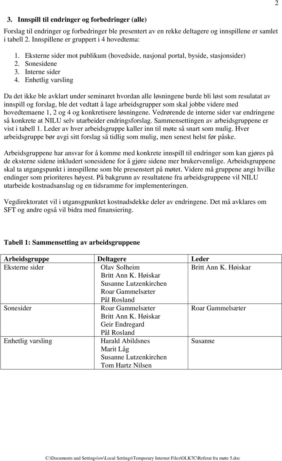 Enhetlig varsling Da det ikke ble klart under seminaret hvordan alle løsningene burde bli løst som resulatat innspill og forslag, ble det vedtatt å lage arbeidsgrupper som skal jobbe videre med