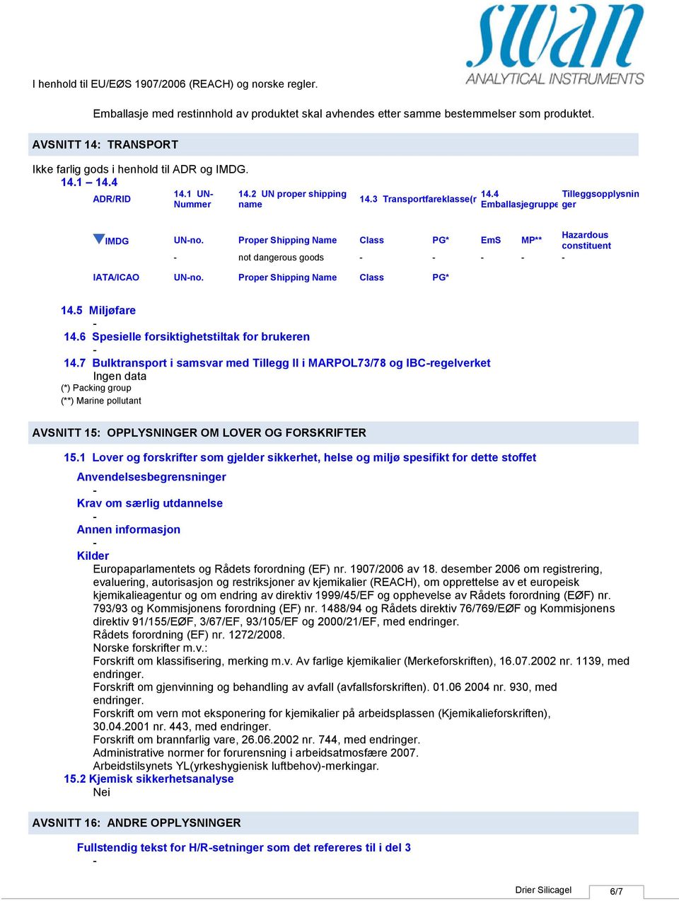 Proper Shipping Name Class PG* EmS MP** Hazardous constituent not dangerous goods IATA/ICAO UNno. Proper Shipping Name Class PG* 14.5 Miljøfare 14.6 Spesielle forsiktighetstiltak for brukeren 14.