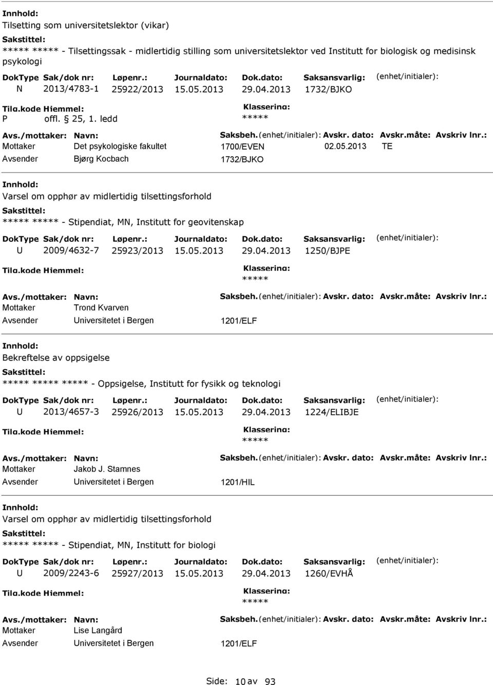 2013 TE Bjørg Kocbach 1732/BJKO Varsel om opphør av midlertidig tilsettingsforhold - Stipendiat, M, nstitutt for geovitenskap 2009/4632-7 25923/2013 29.04.