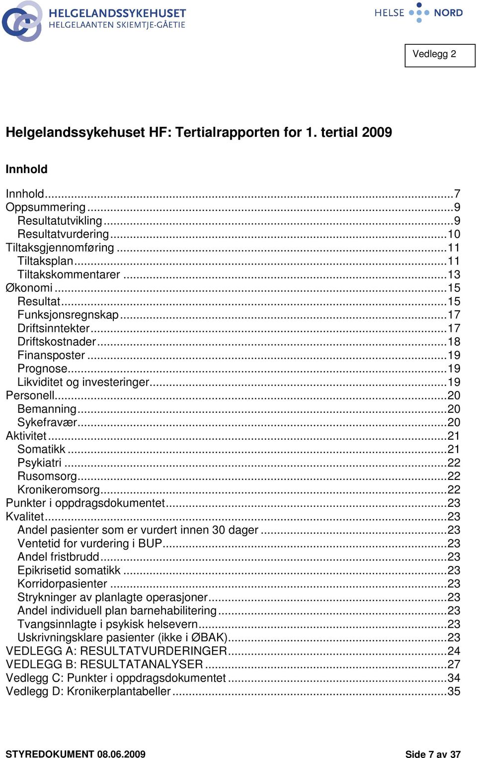 ..2 Bemanning...2 Sykefravær...2 Aktivitet...21 Somatikk...21 Psykiatri...22 Rusomsorg...22 Kronikeromsorg...22 Punkter i oppdragsdokumentet...23 Kvalitet.