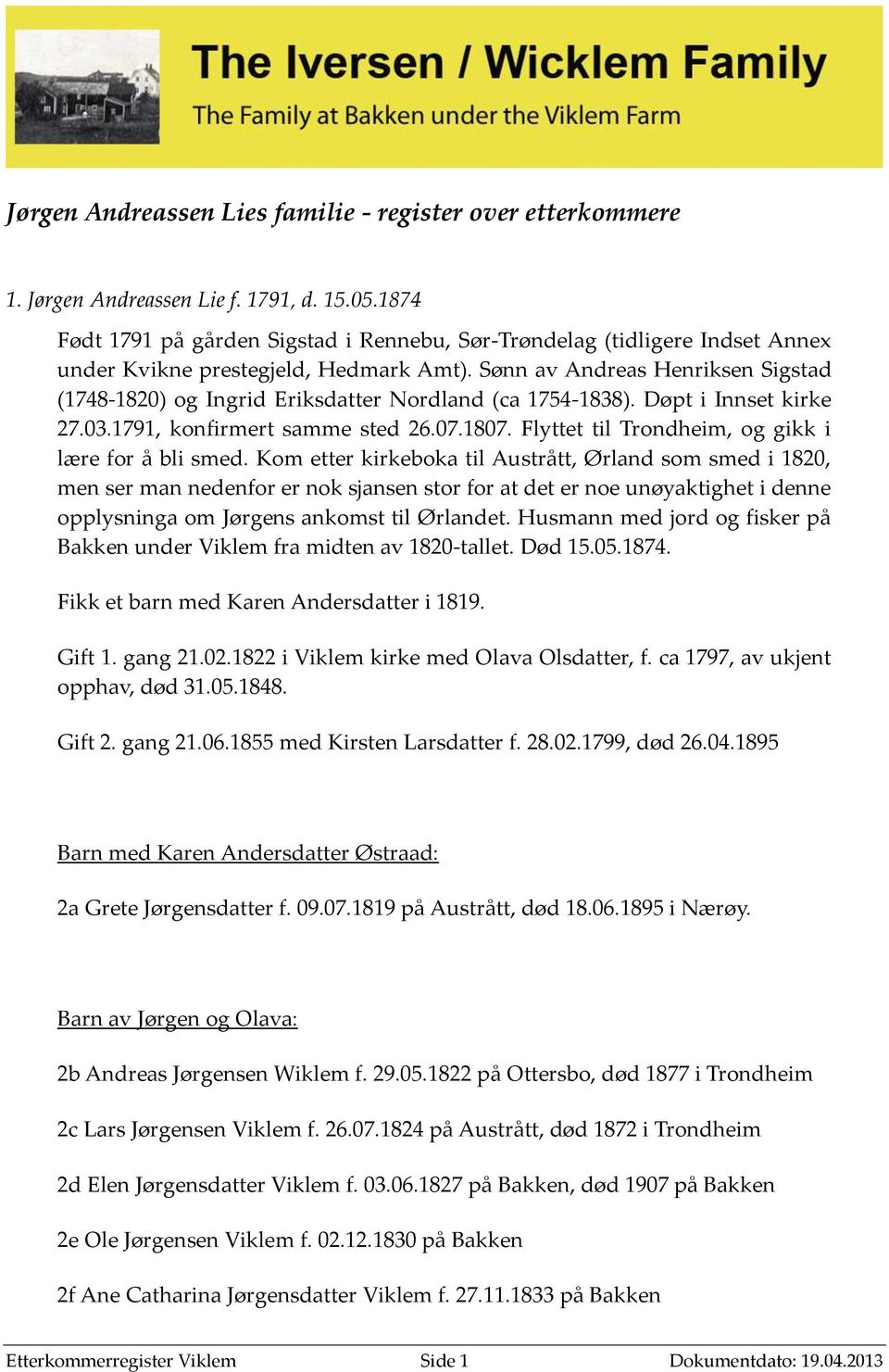 Sønn av Andreas Henriksen Sigstad (1748-1820) og Ingrid Eriksdatter Nordland (ca 1754-1838). Døpt i Innset kirke 27.03.1791, konfirmert samme sted 26.07.1807.