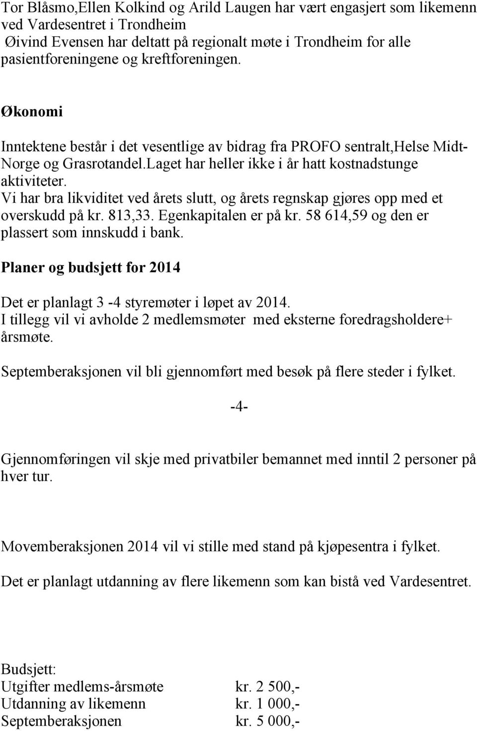 Vi har bra likviditet ved årets slutt, og årets regnskap gjøres opp med et overskudd på kr. 813,33. Egenkapitalen er på kr. 58 614,59 og den er plassert som innskudd i bank.