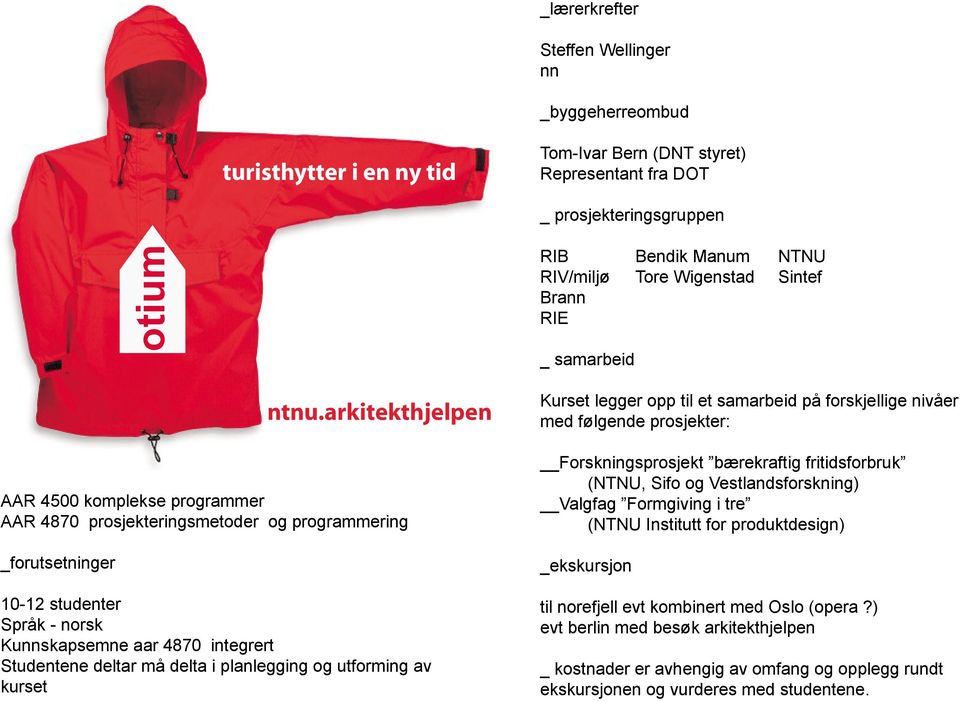 planlegging og utforming av kurset Kurset legger opp til et samarbeid på forskjellige nivåer med følgende prosjekter: Forskningsprosjekt bærekraftig fritidsforbruk (NTNU, Sifo og Vestlandsforskning)