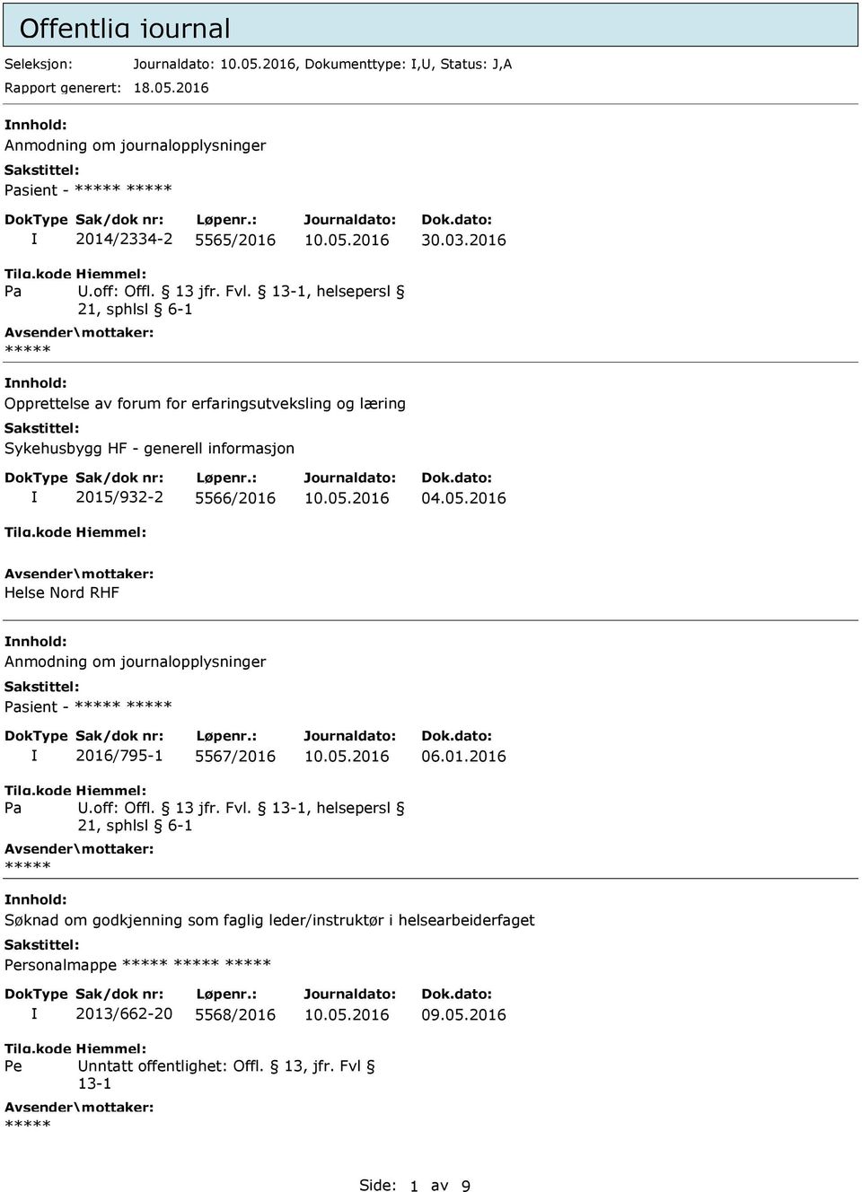 , helsepersl 21, sphlsl 6-1 ***** Opprettelse av forum for erfaringsutveksling og læring Sykehusbygg HF - generell informasjon 2015/932-2 5566/2016 Helse Nord RHF Anmodning om