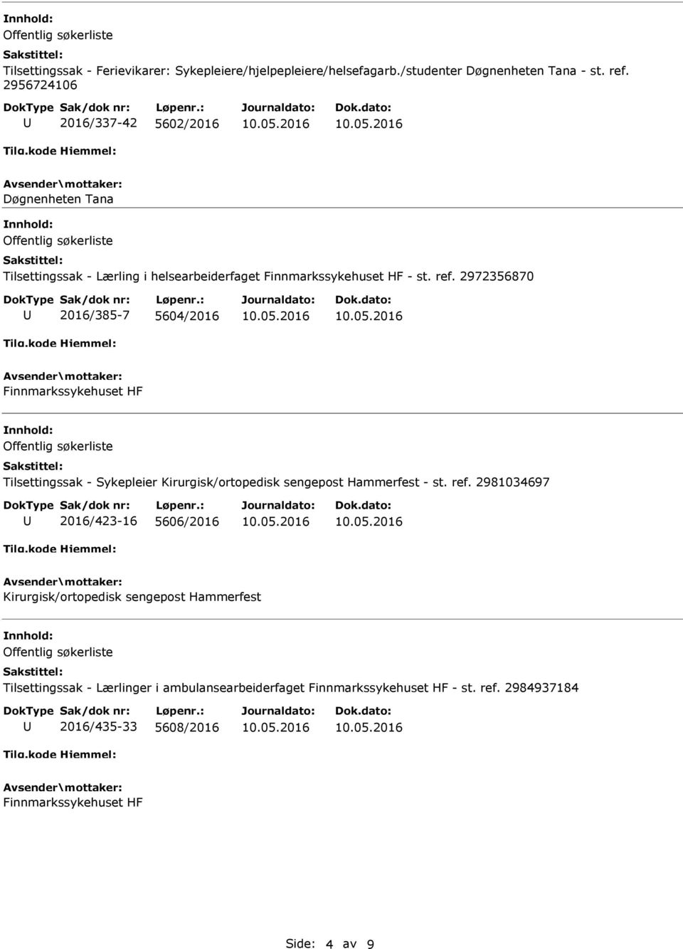 2972356870 2016/385-7 5604/2016 Finnmarkssykehuset HF Tilsettingssak - Sykepleier Kirurgisk/ortopedisk sengepost Hammerfest - st. ref.